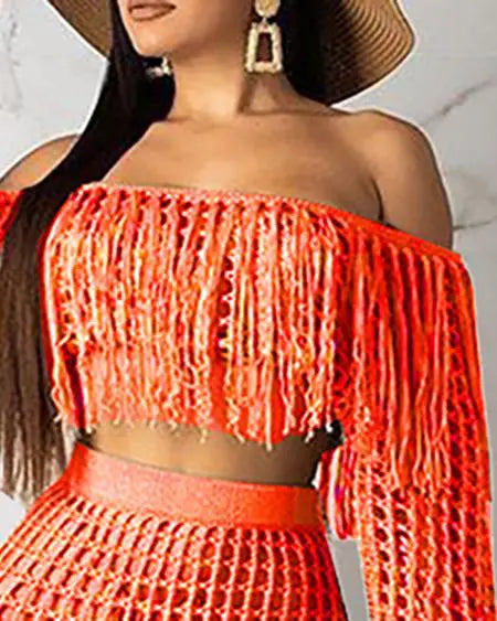 Crochet Beachwear: Mesh Top Skirt & Tassel Sets