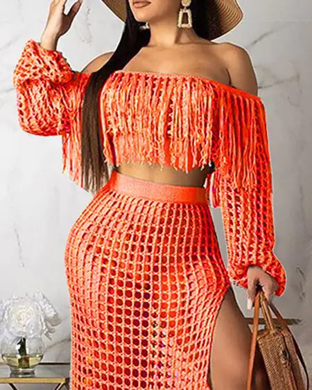 Crochet Beachwear: Mesh Top Skirt & Tassel Sets