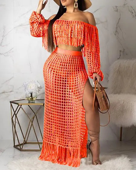 Crochet Beachwear: Mesh Top Skirt & Tassel Sets