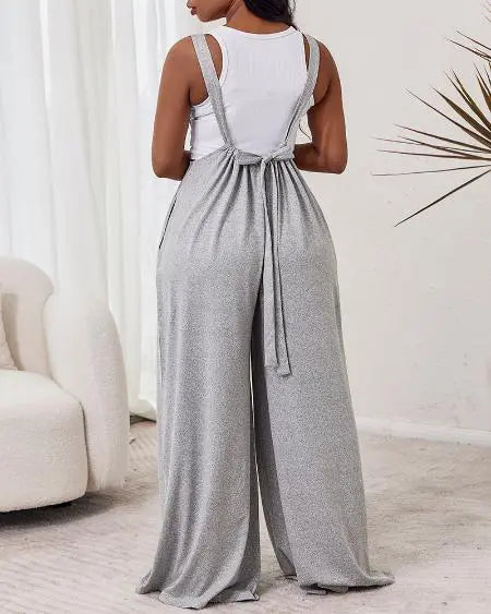 Plain Suspender Jumpsuit in Wide Leg Style