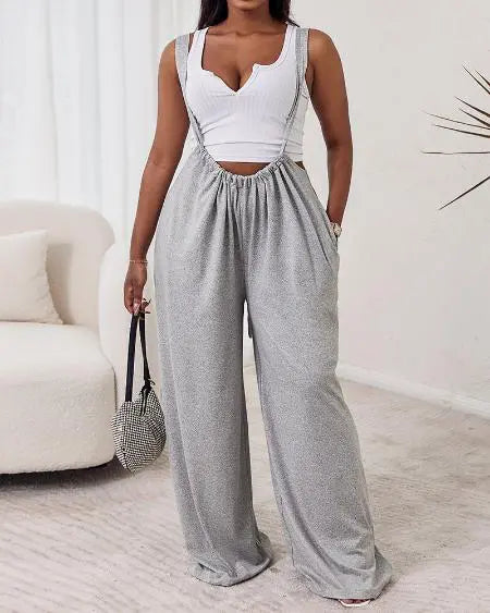 Plain Suspender Jumpsuit in Wide Leg Style