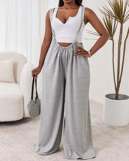 Plain Suspender Jumpsuit in Wide Leg Style