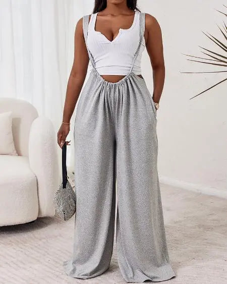 Plain Suspender Jumpsuit in Wide Leg Style