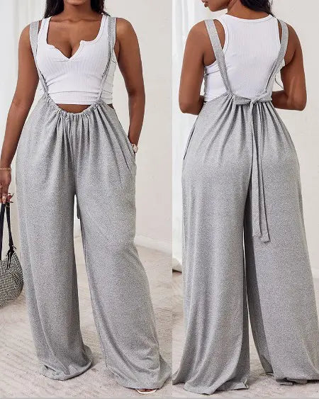Plain Suspender Jumpsuit in Wide Leg Style