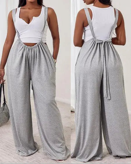 Plain Suspender Jumpsuit in Wide Leg Style
