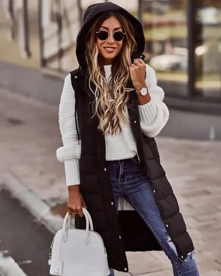 Hooded Gilet Puffer Jacket with Pockets & Buttons