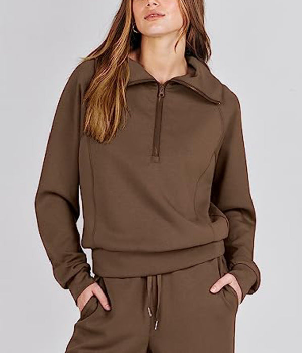 Women's Luxe 2-Piece Sweatsuit - Oversized Half-Zip Sweatshirt & Wide-Leg Lounge Pants - Classic Colors
