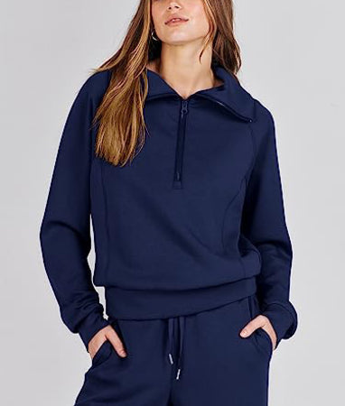 Luxe 2-delig sweatsuit voor dames - Oversized sweatshirt met halve rits en loungebroek met wijde pijpen - Klassieke kleuren 