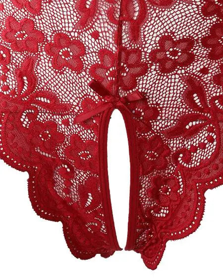 Crochet Lace Teddy: Crotchless Heart Pattern Bowknot & Cutout Design