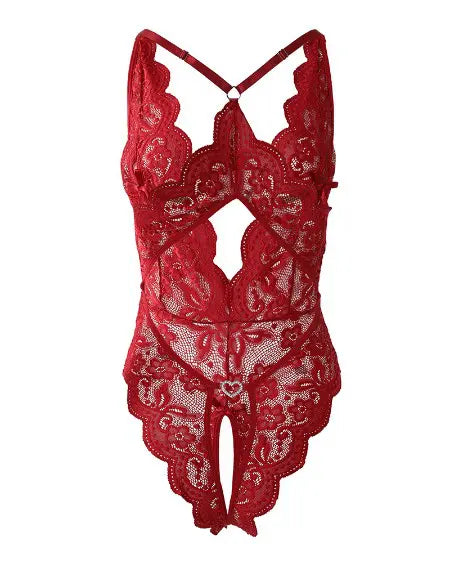 Crochet Lace Teddy: Crotchless Heart Pattern Bowknot & Cutout Design