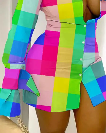 Long Sleeve Plaid Shirt Dress with Buttons