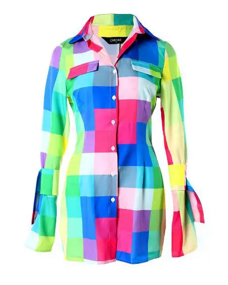 Long Sleeve Plaid Shirt Dress with Buttons