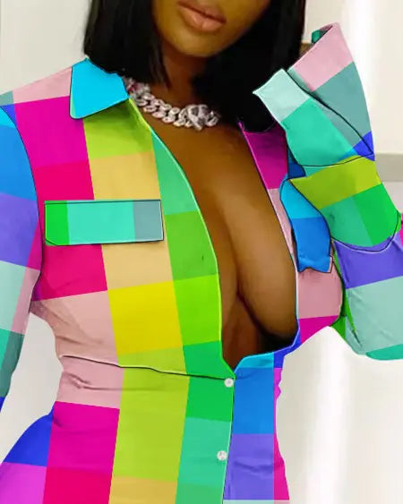 Long Sleeve Plaid Shirt Dress with Buttons