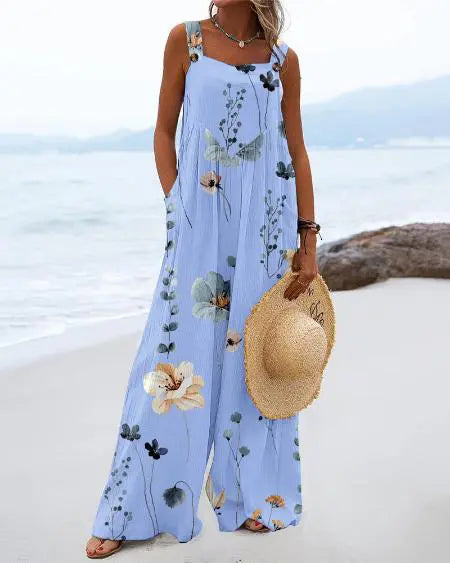 Suspender Jumpsuit with Floral Print & Wide Leg Design