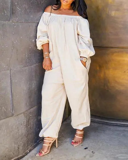 Off-shoulder jumpsuit met zakken en lantaarnmouwen 