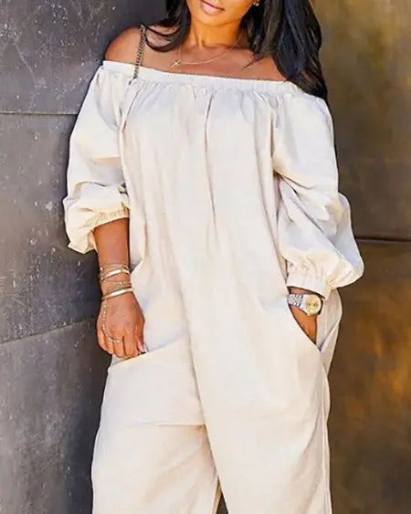 Off-Shoulder Jumpsuit with Pockets and Lantern Sleeves