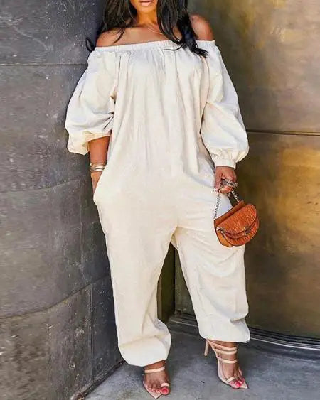 Off-Shoulder Jumpsuit with Pockets and Lantern Sleeves