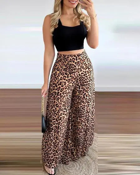 Leopard Print Wide Leg Pants & Crop Tank Set
