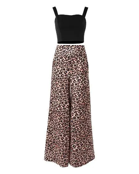 Leopard Print Wide Leg Pants & Crop Tank Set