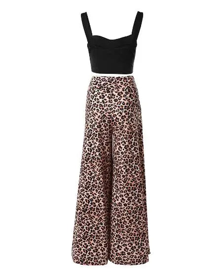 Leopard Print Wide Leg Pants & Crop Tank Set