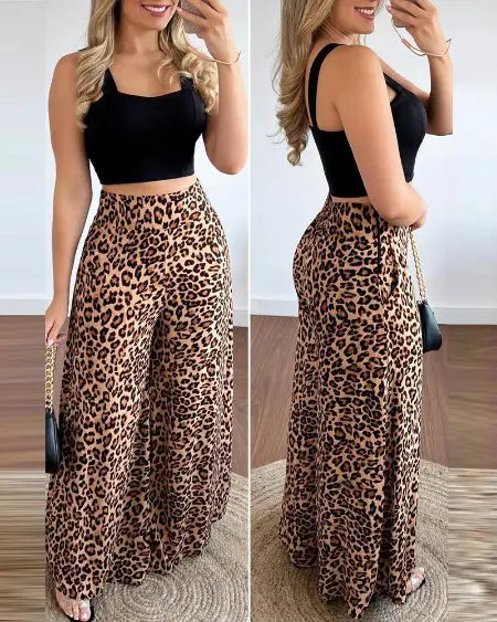 Leopard Print Wide Leg Pants & Crop Tank Set
