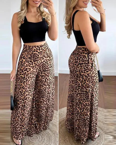 Leopard Print Wide Leg Pants & Crop Tank Set