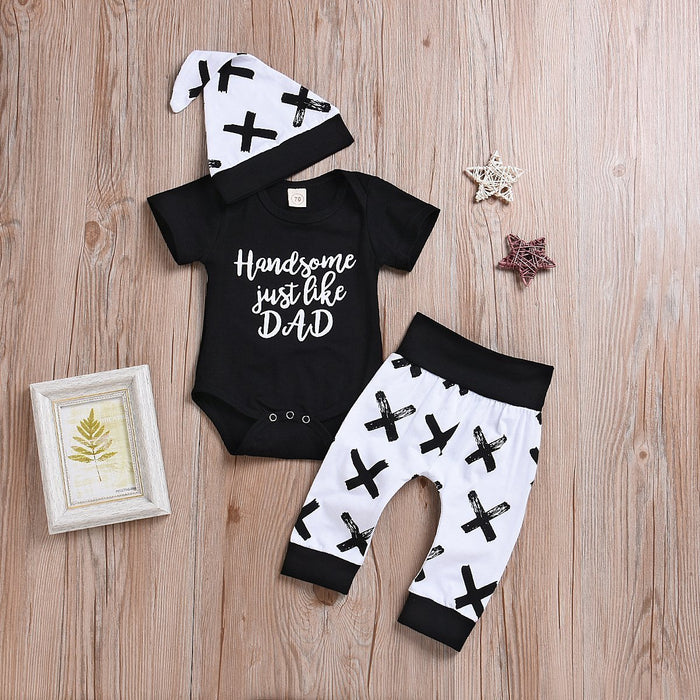 Handsome Like Dad Print  Top & Pant with Hat Set