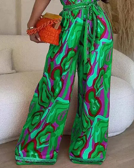 Wide Leg Jumpsuit with Multi-Color Abstract Print