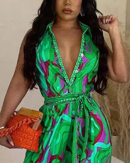 Wide Leg Jumpsuit with Multi-Color Abstract Print