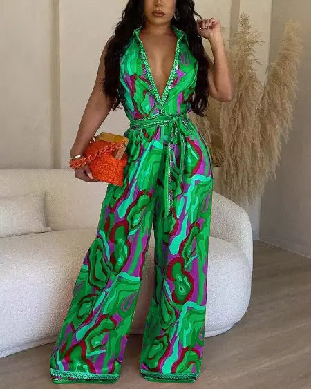 Wide Leg Jumpsuit with Multi-Color Abstract Print