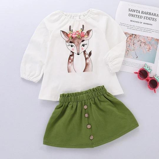 Deer Cartoon Print Tops & Skirt Outfit Set