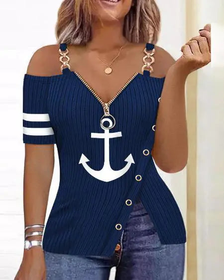Cold Shoulder Top with Anchor Design & Zipper