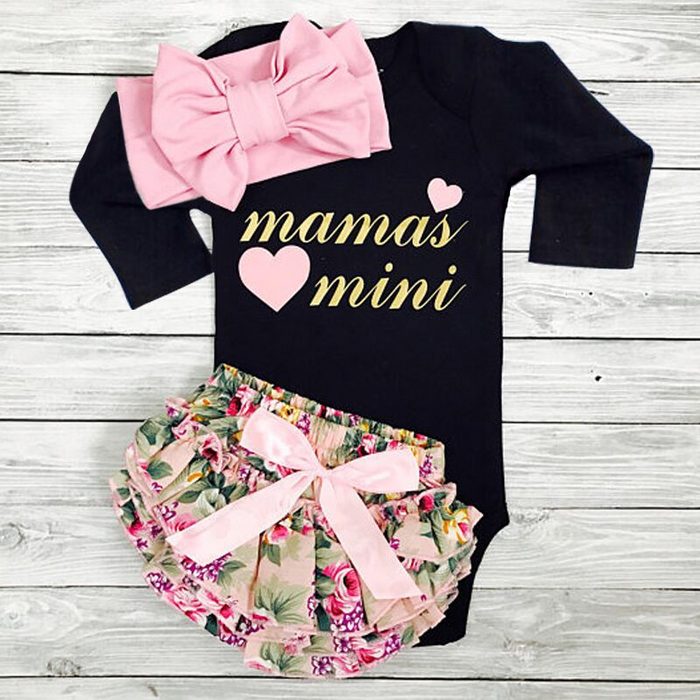 Baby Girl's Letter Print Bodysuit, Floral Shorts and Bow Headband