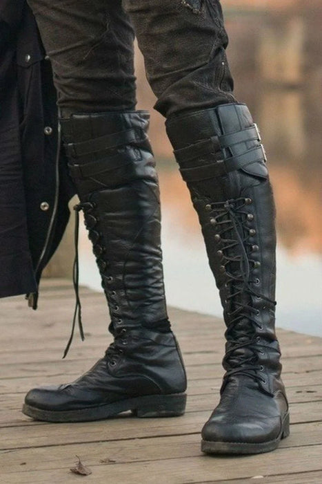 Men's Medieval Style Knee High Boots - Rugged Cross Strap Lace-Up Shoes for Every Season
