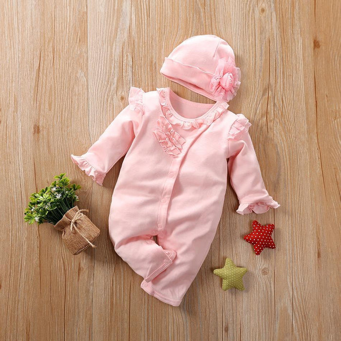 Leuke jumpsuit en muts met lange mouwen en ruches voor babymeisjes