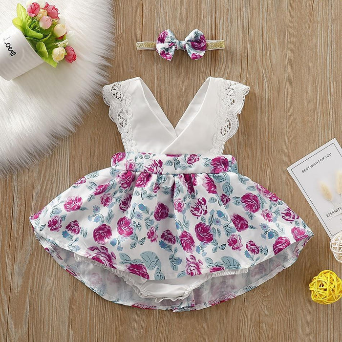 Baby Girl's Lace Decor Floral Allover Dress and Bow Headband