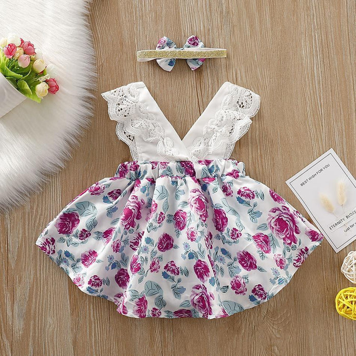 Baby Girl's Lace Decor Floral Allover Dress and Bow Headband