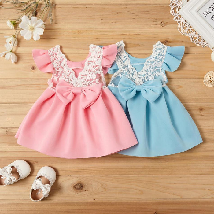 Beautiful Bow Decor Flutter-sleeve Dress for Toddler Girl