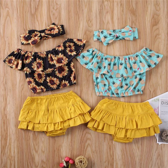 3-piece Allover Off Shoulder Top and Shorts Set