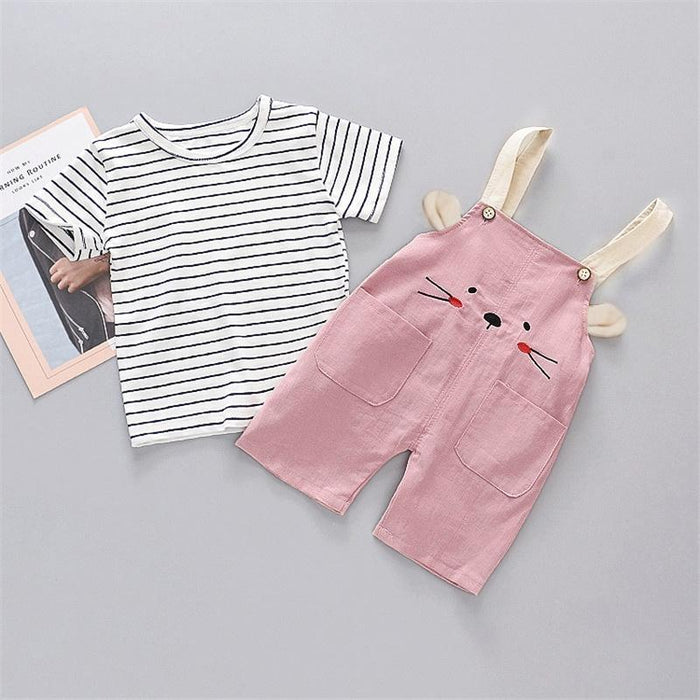 Cat Print Short-sleeve Shirt and Suspender Shorts Set