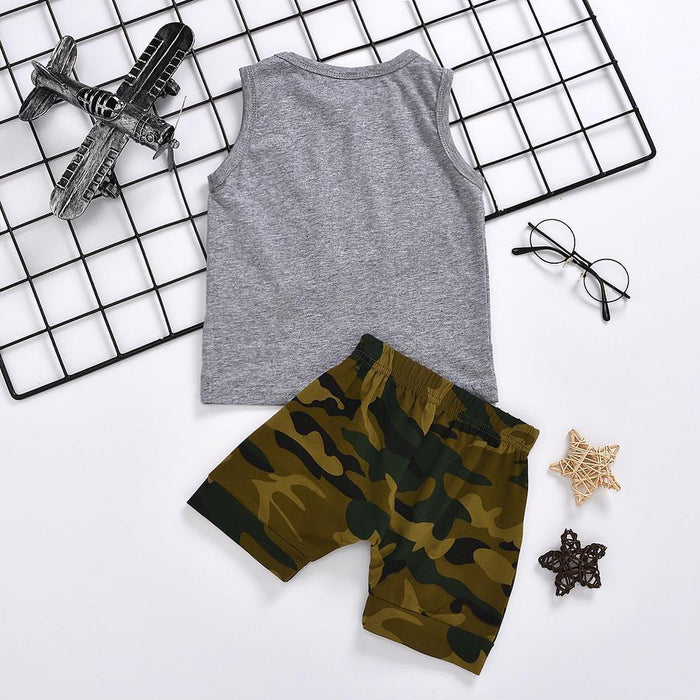 Letter Print Tank and Camo Shorts Set