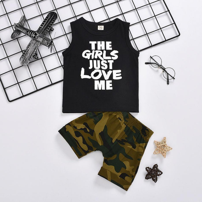 Set met tanktop en camouflageshort met letterprint
