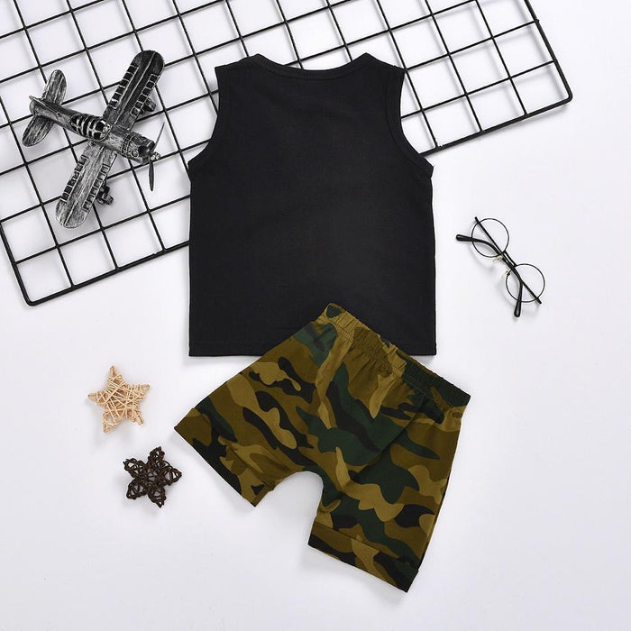 Letter Print Tank and Camo Shorts Set
