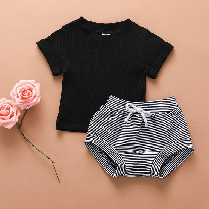 Solid Short-sleeve Top and Striped Shorts Set