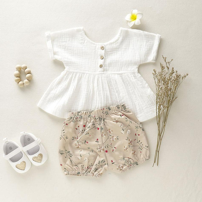 Baby Linen Solid Top and Floral Shorts Set