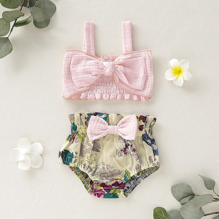 Baby Girl Stylish Bowknot Decor Strappy Top and Floral PP Shorts Set