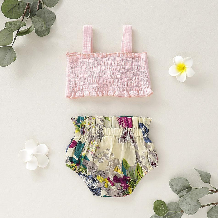 Baby Girl Stylish Bowknot Decor Strappy Top and Floral PP Shorts Set