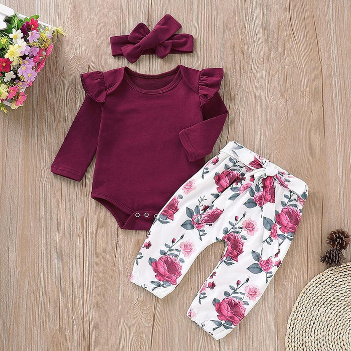 3-piece Ruffle Crimson Romper and Floral Pants with Headband Set