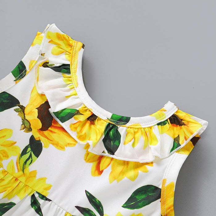 Sunflower Print Sleeveless Top and Denim Shorts Set