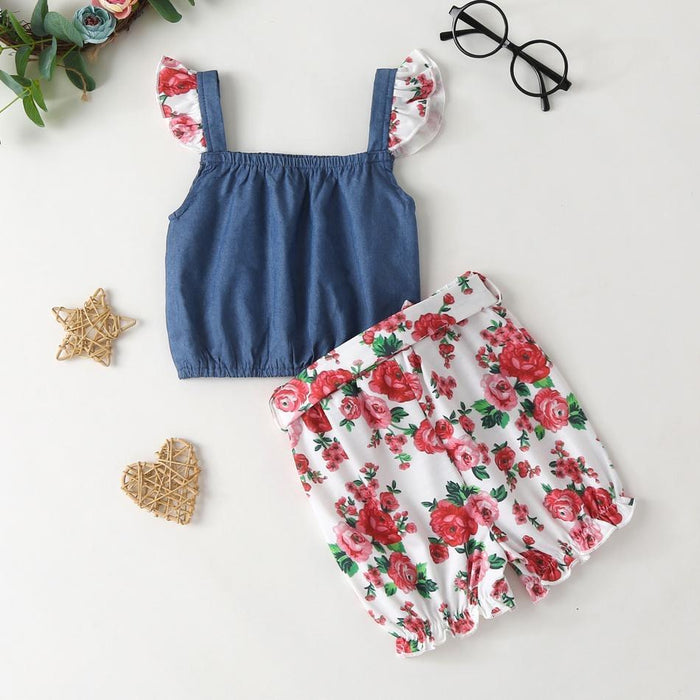 Baby Girl Denim Tank and Flower Allover Shorts Set